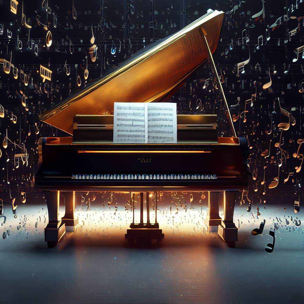 Artistic representation of a grand acoustic piano surrounded by music notes