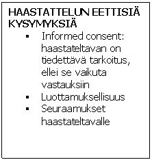 Text Box: HAASTATTELUN EETTISIÄ KYSYMYKSIÄ  §	Informed consent: haastateltavan on tiedettävä tarkoitus, ellei se vaikuta vastauksiin  §	Luottamuksellisuus  §	Seuraamukset haastateltavalle  