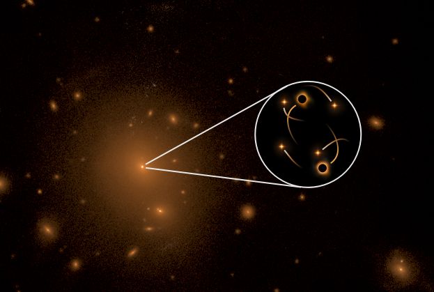 Image of simulated galaxies with a zoomed view of an SMBH binary