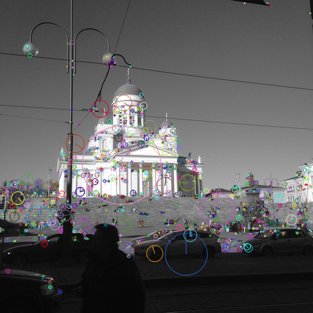 An example of showing the application of SIFT, a computer vision algorithm, to an image of the Lutheran Cathedral in Helsinki.