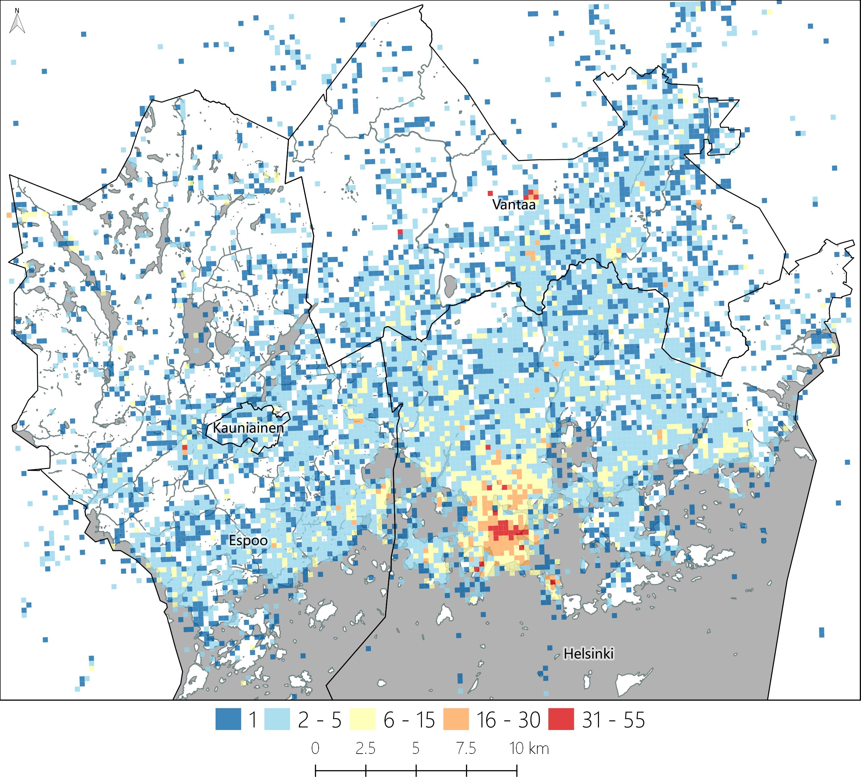 A map showing the number of unique languages per a 250m grid cell in the Helsinki Metropolitan Area.